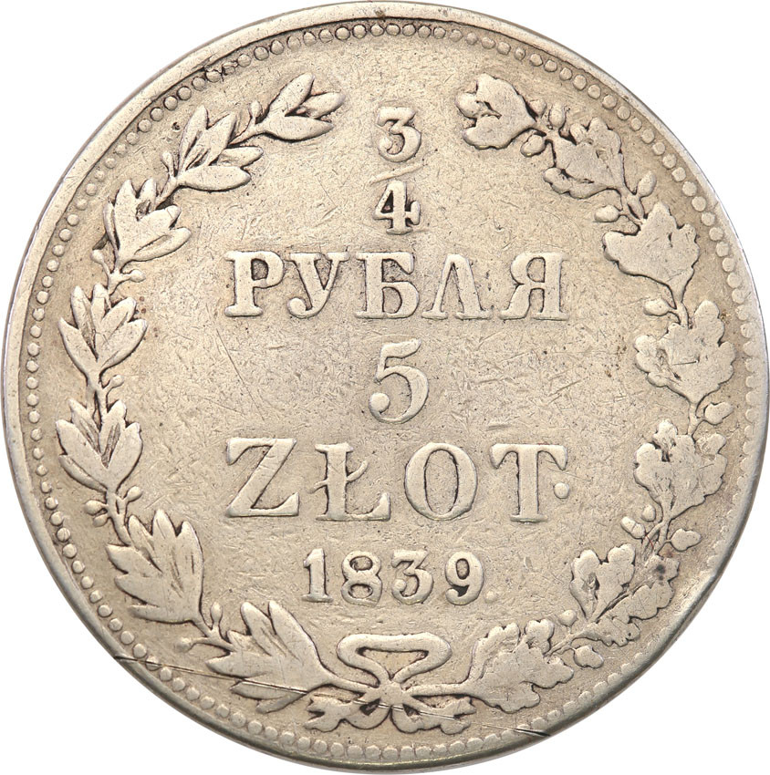 Polska XIX w./Rosja. Mikołaj I. 3/4 Rubla = 5 złotych 1839 MW, Warszawa